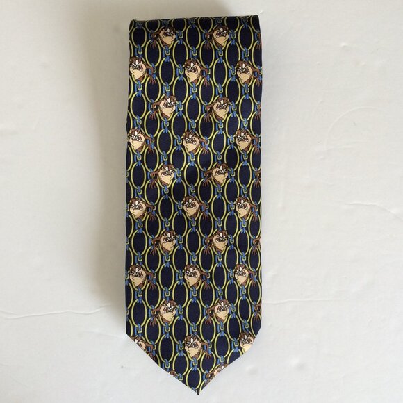 VTG 1996 Tasmanian Devil Mens Tie Silk Navy Blue Looney Tunes Warner Bros Italy - Picture 1 of 6
